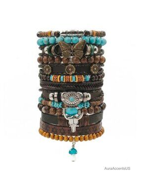 13PC Boho Wooden Bead & Faux Leather Bracelet Set Adjustable Unisex